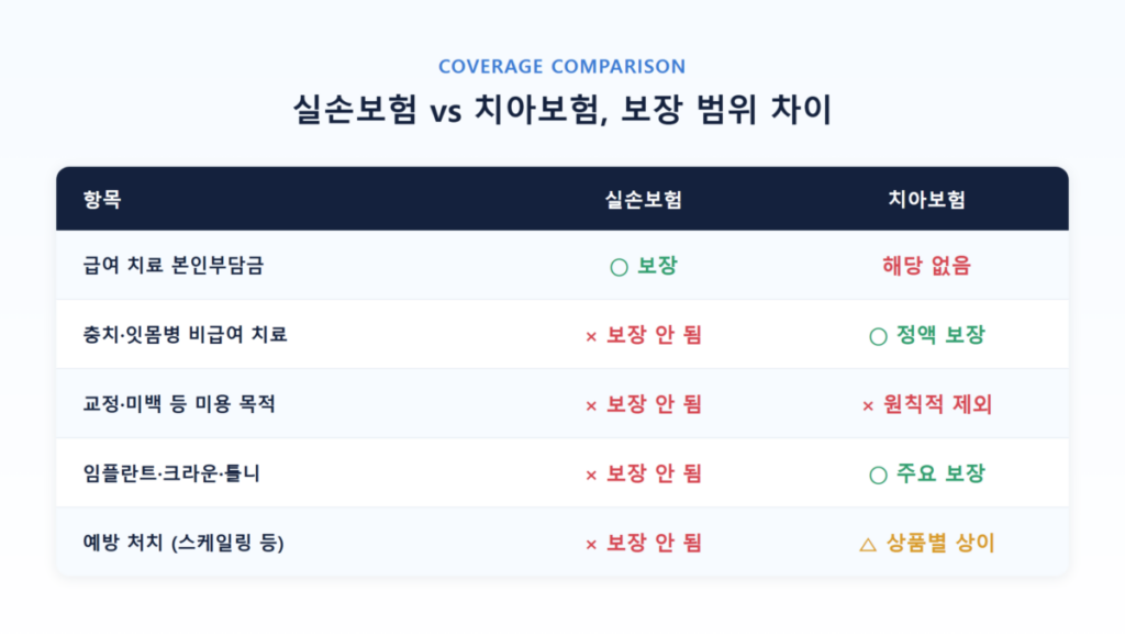 실손보험과 치아보험의 보장 범위 차이를 한눈에 보여주는 비교 인포그래픽