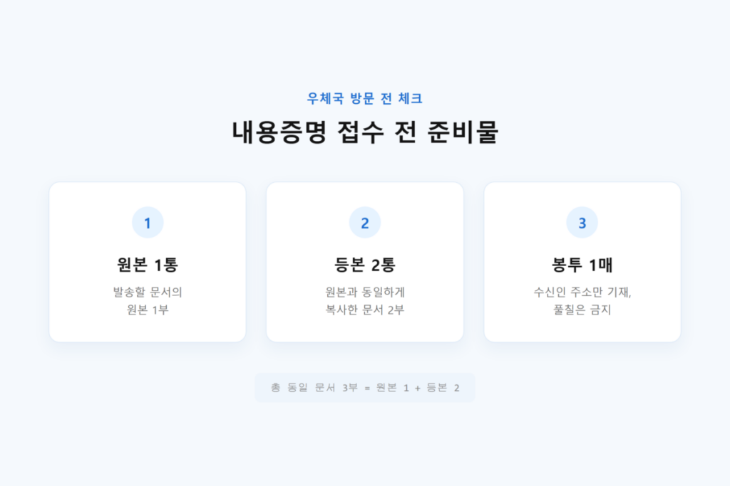 내용증명 보내는법 총정리 - 우체국 방문 접수, 인터넷우체국 발송, 준비물과 비용까지 2 내용증명 접수 전 준비물 - 원본 1통, 등본 2통, 봉투 1매