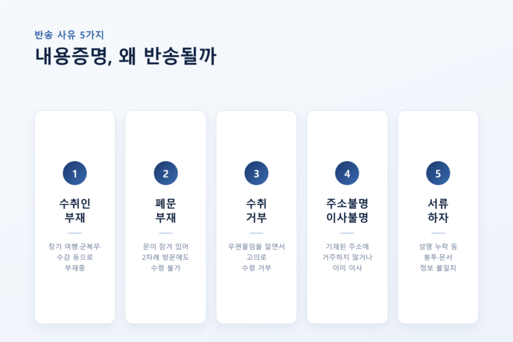 내용증명 반송되면 어떻게 될까? 반송 사유 5가지 총정리 2 우체국 반송 사유 5가지 유형 - 수취인부재, 폐문부재, 수취거부, 주소불명·이사불명, 서류 하자