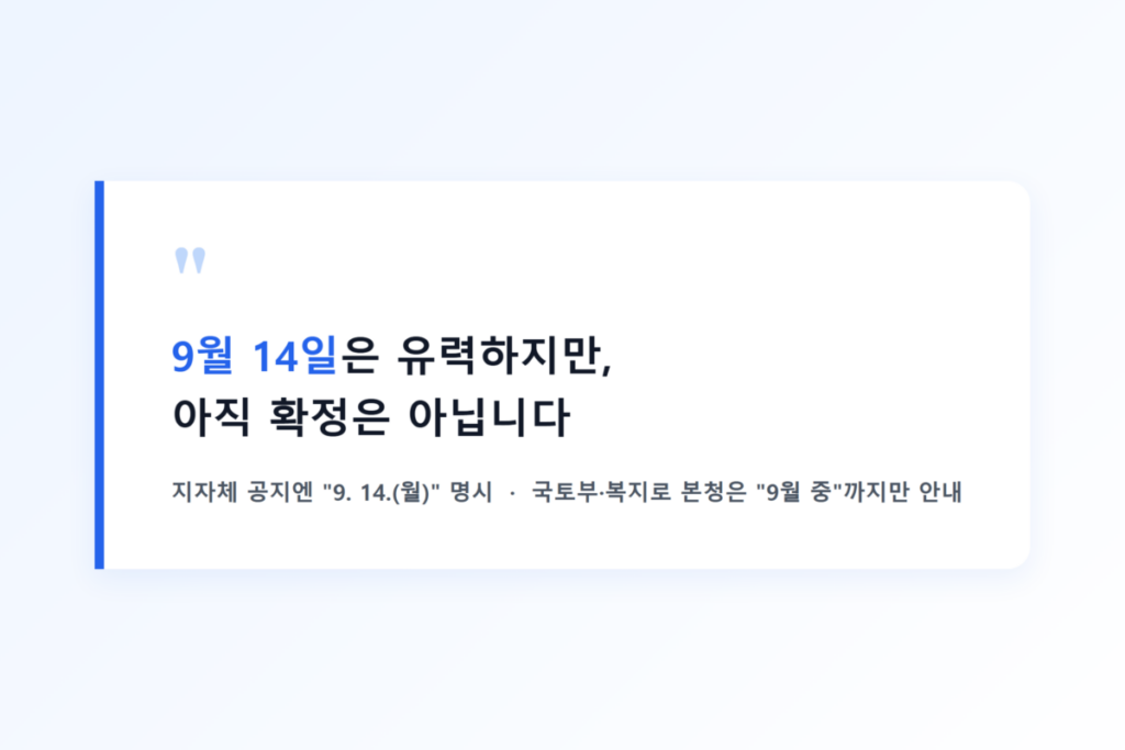 2026 청년월세지원금 결과발표 9월 14일 예정, 월세는 언제부터 받을 수 있을까? 3 9월 14일 발표설 요약: 지자체 공지와 국토부 본청 안내 비교
