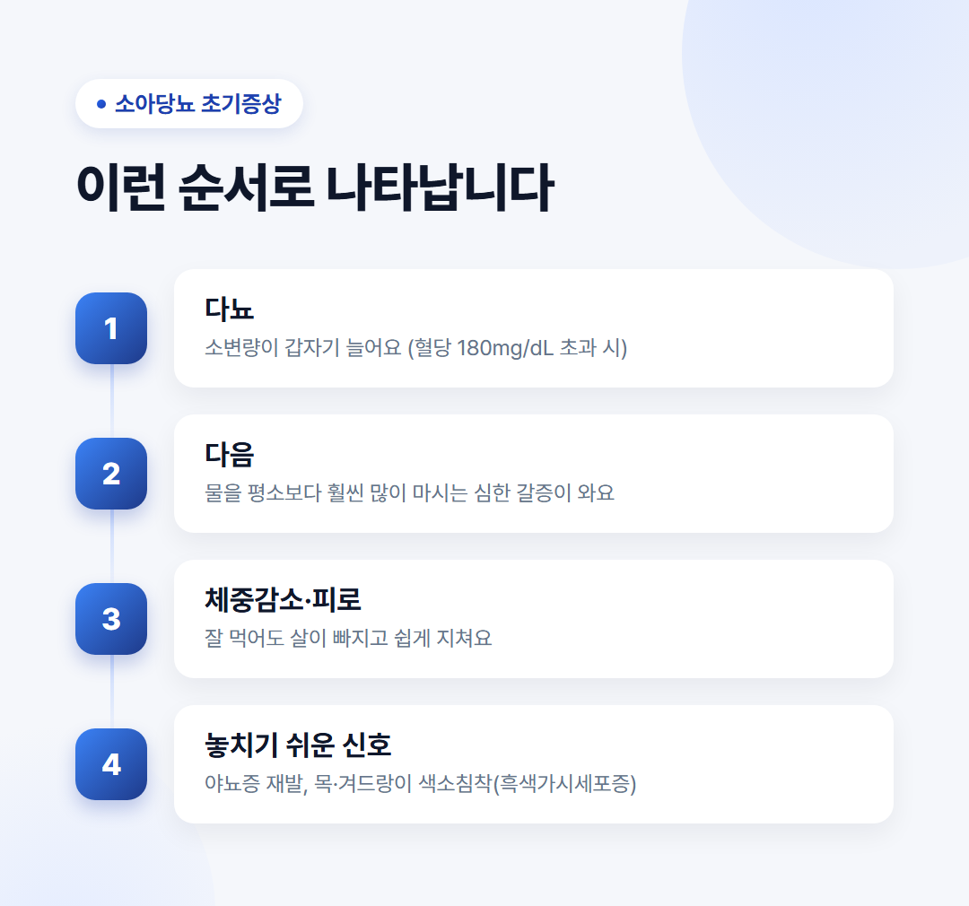 소아당뇨 초기증상 총정리(관리법, 치료법, 대처방법) 3 소아당뇨 초기증상 - 다뇨·다음·체중감소 순서와 야뇨증·흑색가시세포증 등 놓치기 쉬운 신호