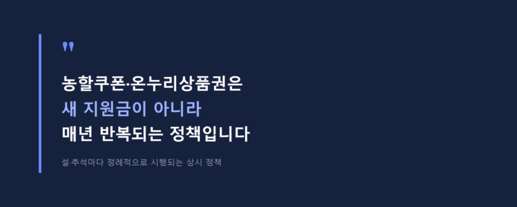 추석 전 민생지원금 또 준다고? 나는 받을수 있을까? 2026 지자체별 민생지원금 총정리 7 농할쿠폰과 온누리상품권은 새 지원금이 아니라 매년 반복되는 상시 정책이라는 강조 문구