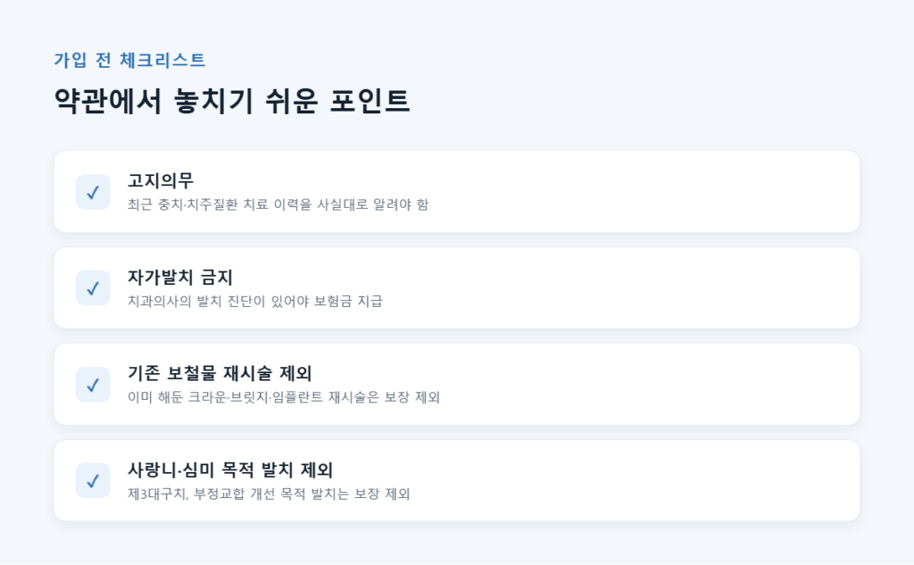 치아보험 임플란트 보장될까? 가입 전 꼭 확인해야 할 면책기간·감액기간·보장한도 완벽 정리 7 가입 전 반드시 확인할 약관 포인트