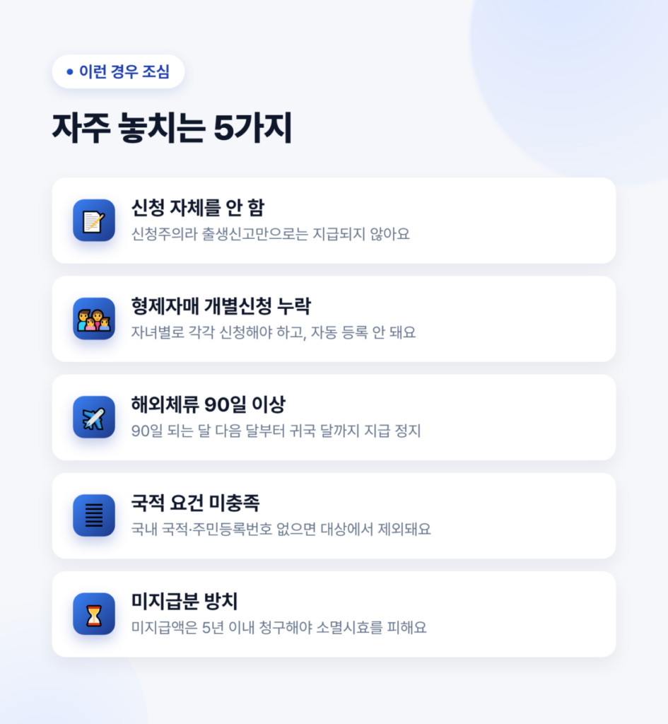 아동수당 못 받는 경우 - 신청 누락, 형제자매 개별신청 누락, 해외체류 90일, 국적 요건, 미지급분 5년 소멸시효
