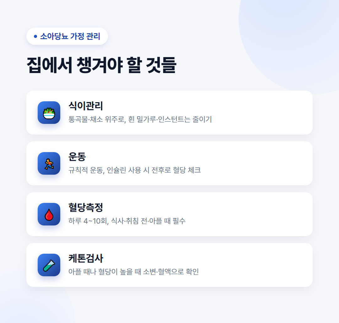 소아당뇨 초기증상 총정리(관리법, 치료법, 대처방법) 6 소아당뇨 가정 관리법 - 식이관리, 운동 전후 혈당체크, 하루 4~10회 혈당측정, 케톤검사