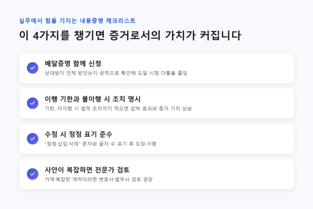 내용증명 효력 있을까? 법적 효력과 오해하기 쉬운 부분 10 이 4가지를 챙기면 증거로서의 가치가 커집니다.