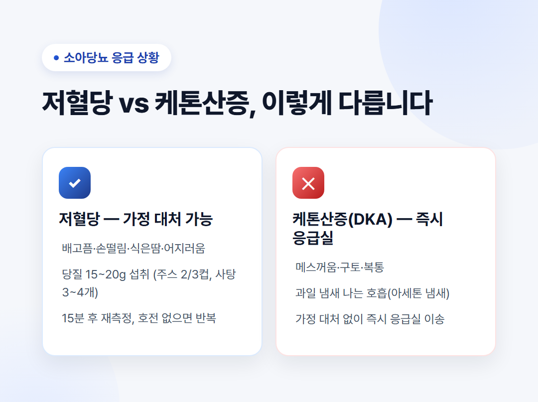 소아당뇨 초기증상 총정리(관리법, 치료법, 대처방법) 7 소아당뇨 응급상황 대처 - 저혈당 당질 15~20g 섭취법과 케톤산증 과일냄새 호흡·즉시 응급실