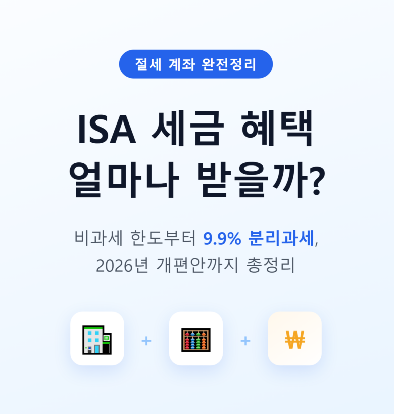 ISA 통장(또는 스마트폰 뱅킹 화면)과 계산기, 세금 절약을 상징하는 동전이 함께 놓인 이미지