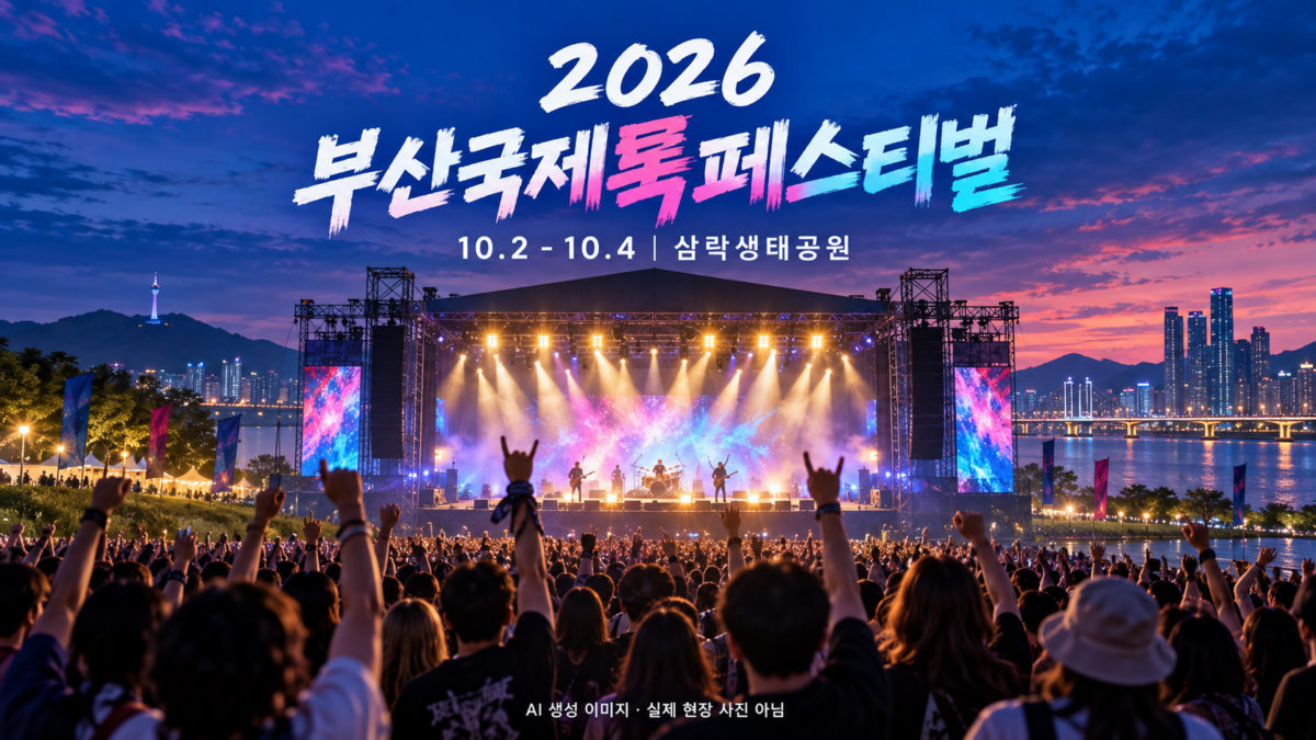 2026 부산국제록페스티벌을 위한 AI 생성 썸네일 이미지 · 실제 현장 사진 아님