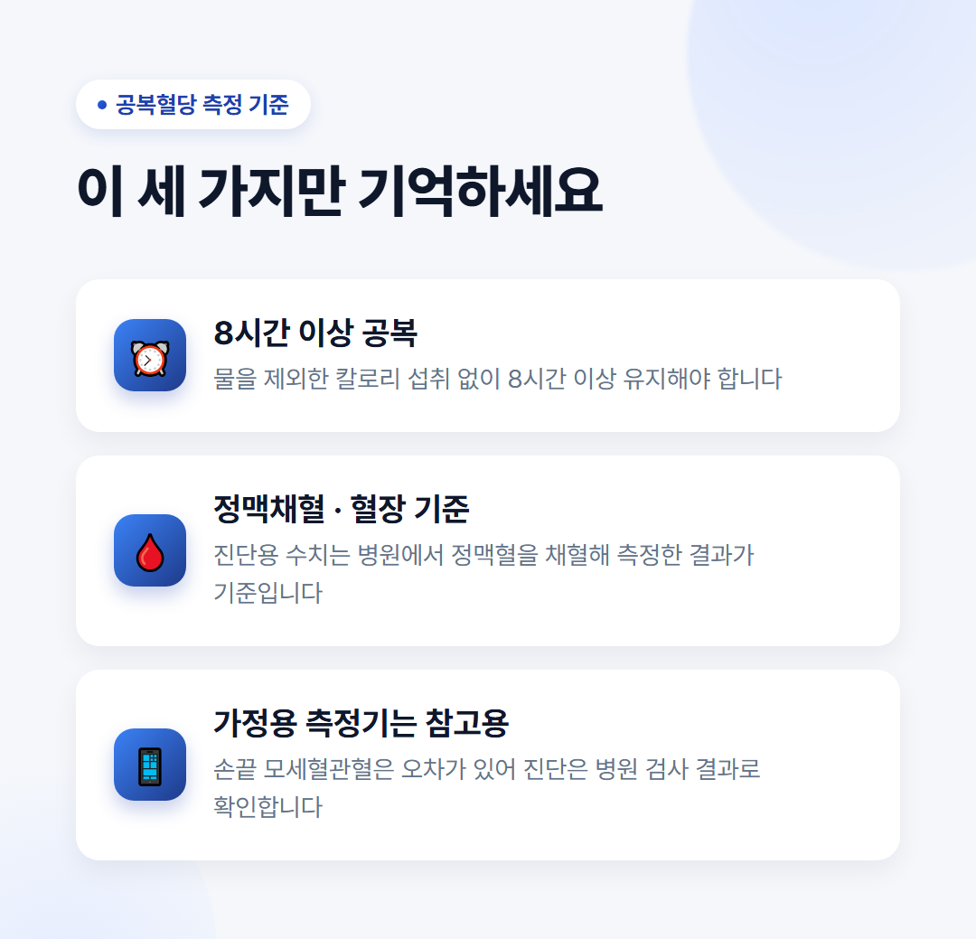 공복혈당 정상수치, 몇부터 주의해야 할까? 100미만? 2 공복혈당 측정 핵심 포인트 - 8시간 이상 공복, 정맥채혈 기준, 가정용 측정기는 참고용