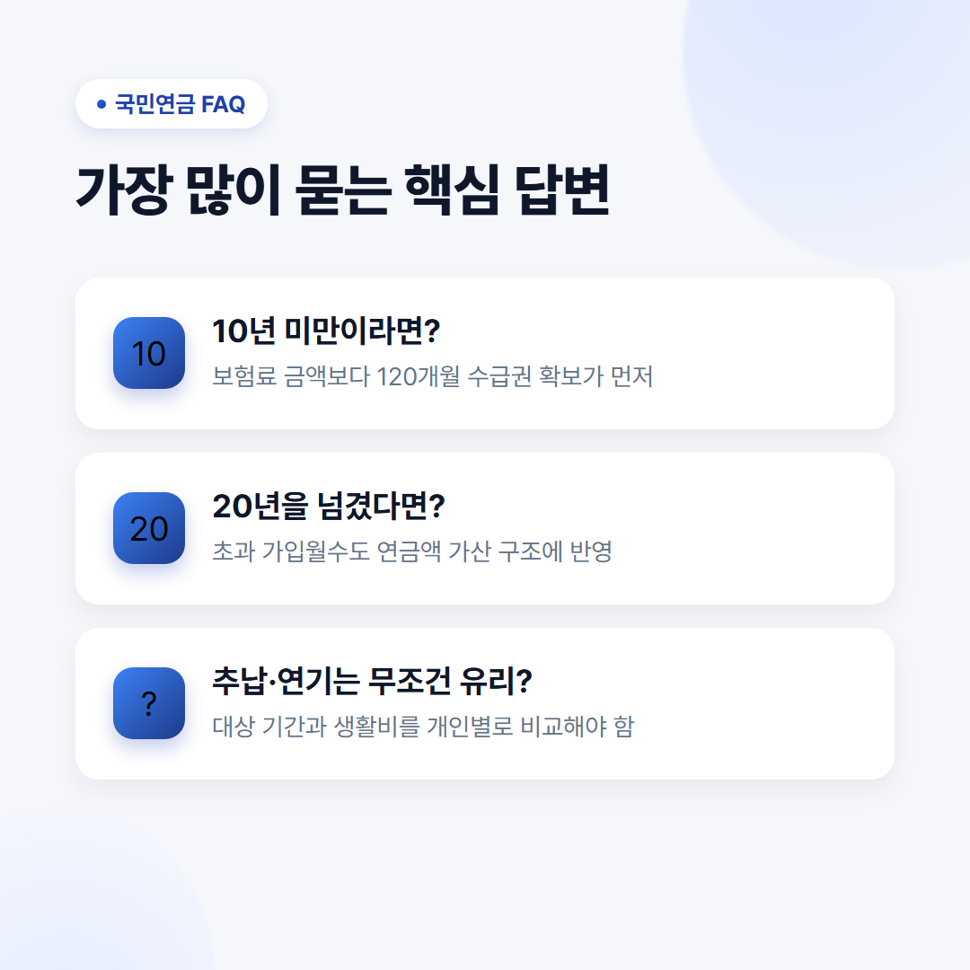 국민연금 더 많이 받으려면 납부기간과 금액 중 무엇이 중요할까? 8 국민연금 가입기간과 납부 금액 FAQ - 10년 미만, 20년 초과, 추납, 연기연금 핵심 답변