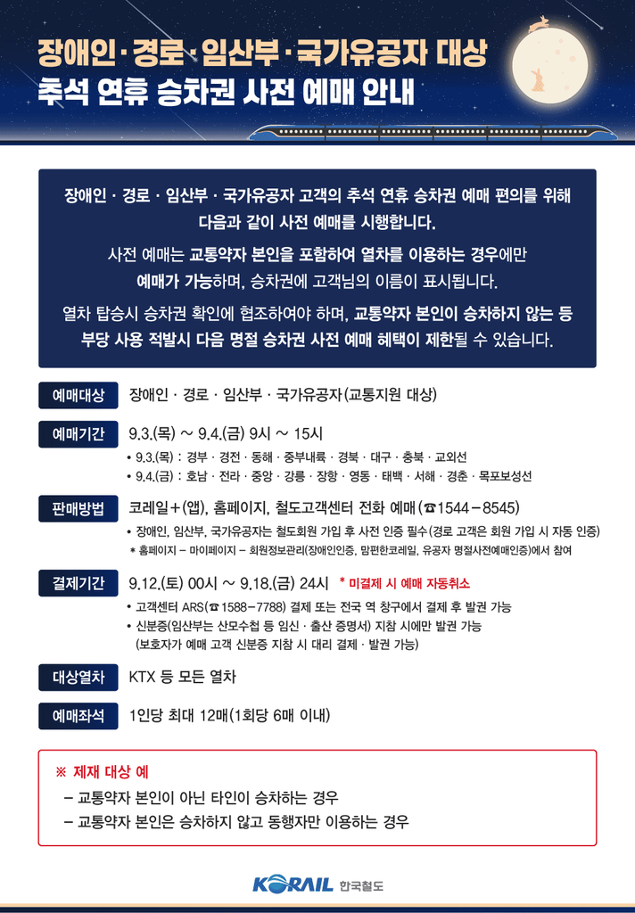 2026 추석 연휴 승차권  장애인 경로 임산부 국가유공자 대상 안내문