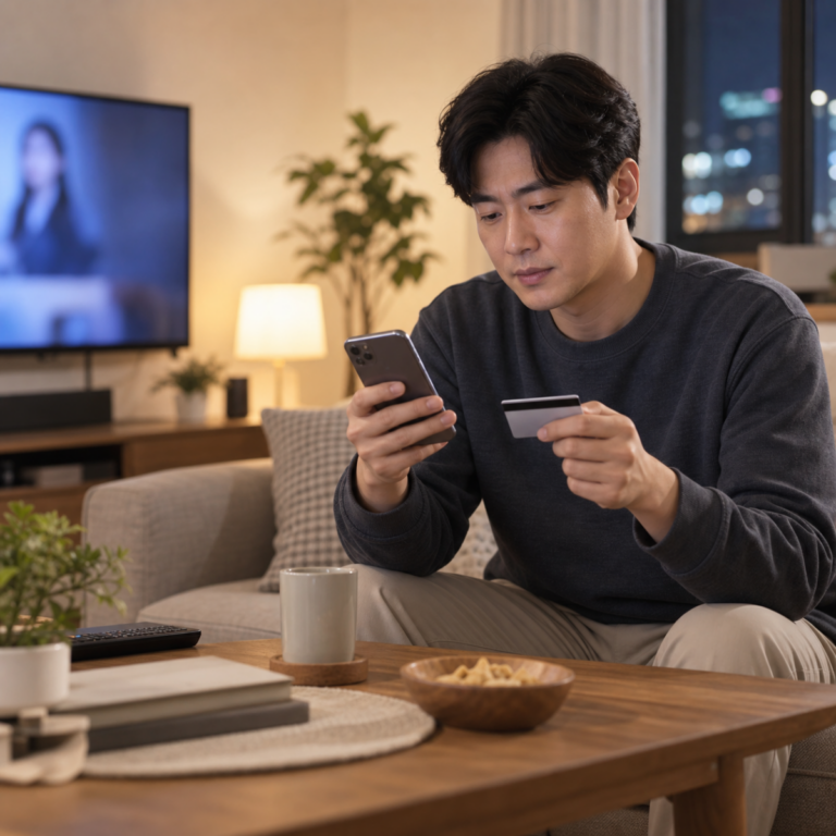집에서 스마트폰과 결제카드로 구독 설정을 확인하는 사용자
